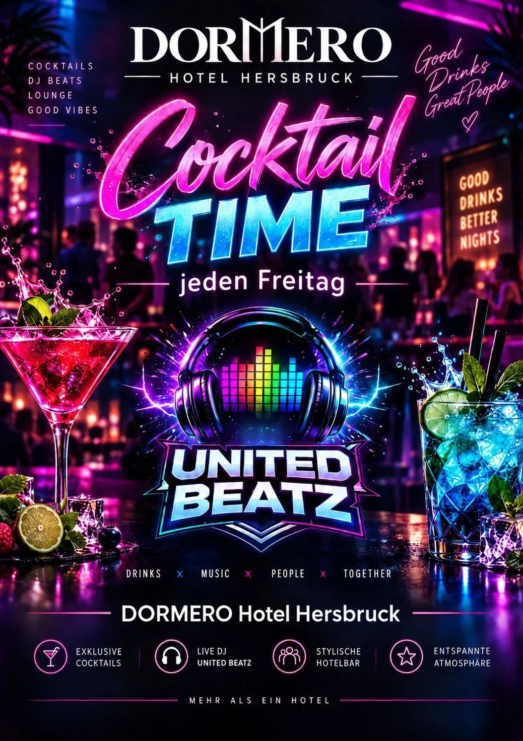Flyer „Cocktail Time – jeden Freitag“ im Dormero Hotel Hersbruck: das leuchtende United-Beatz-Logo mit Kopfhörern zwischen zwei Cocktails